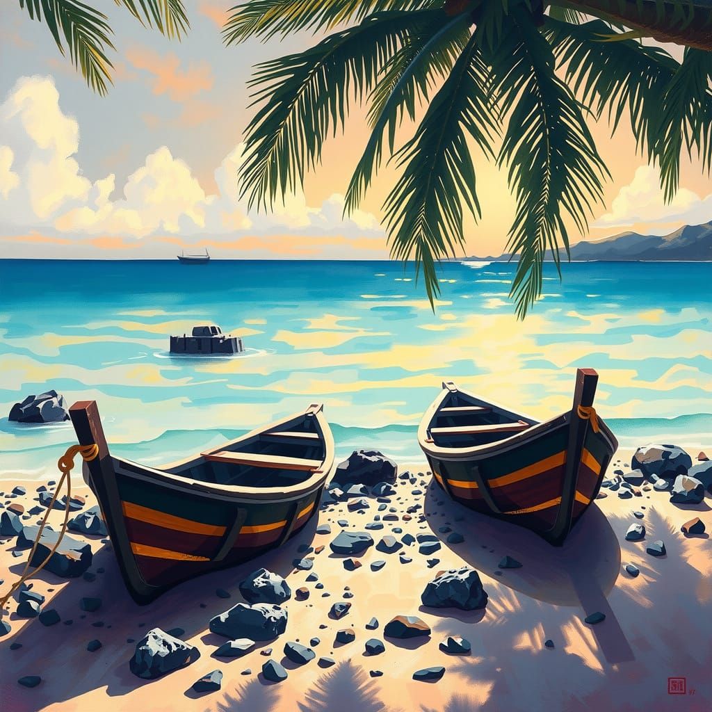 Tropical Beach Boats with Rocks in Impasto Style