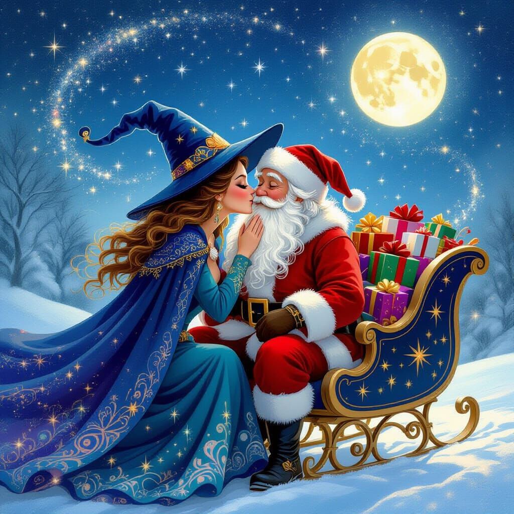 Witch's Tender Farewell to Santa Claus on Sleigh