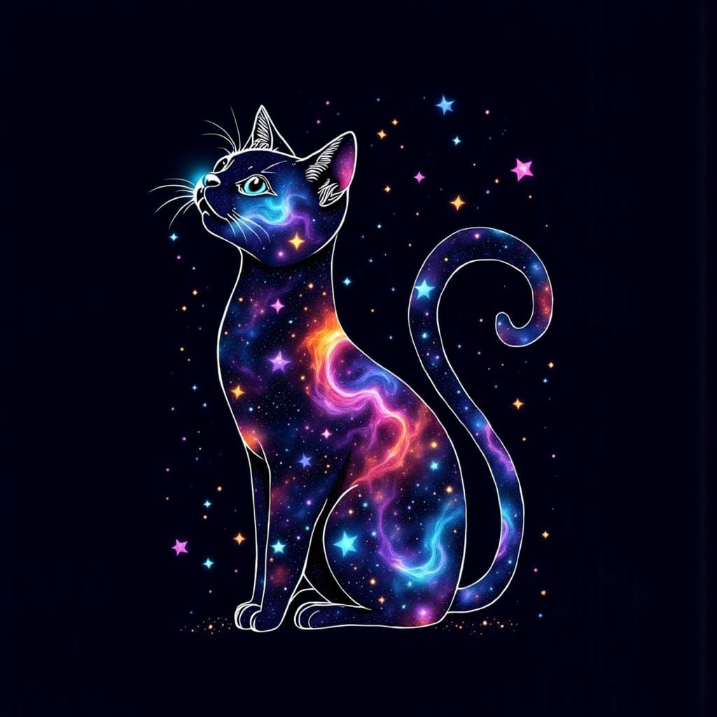 Happy Cat Silhouette with Galaxy Filling, Vivid Sparkles