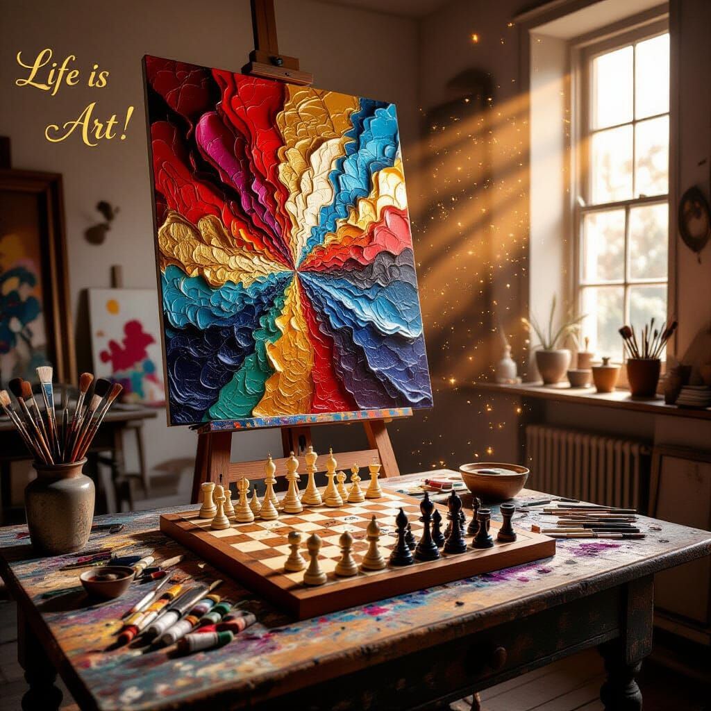 Vibrant Artist's Atelier with Crimson, Gold, and Sapphire Pa...