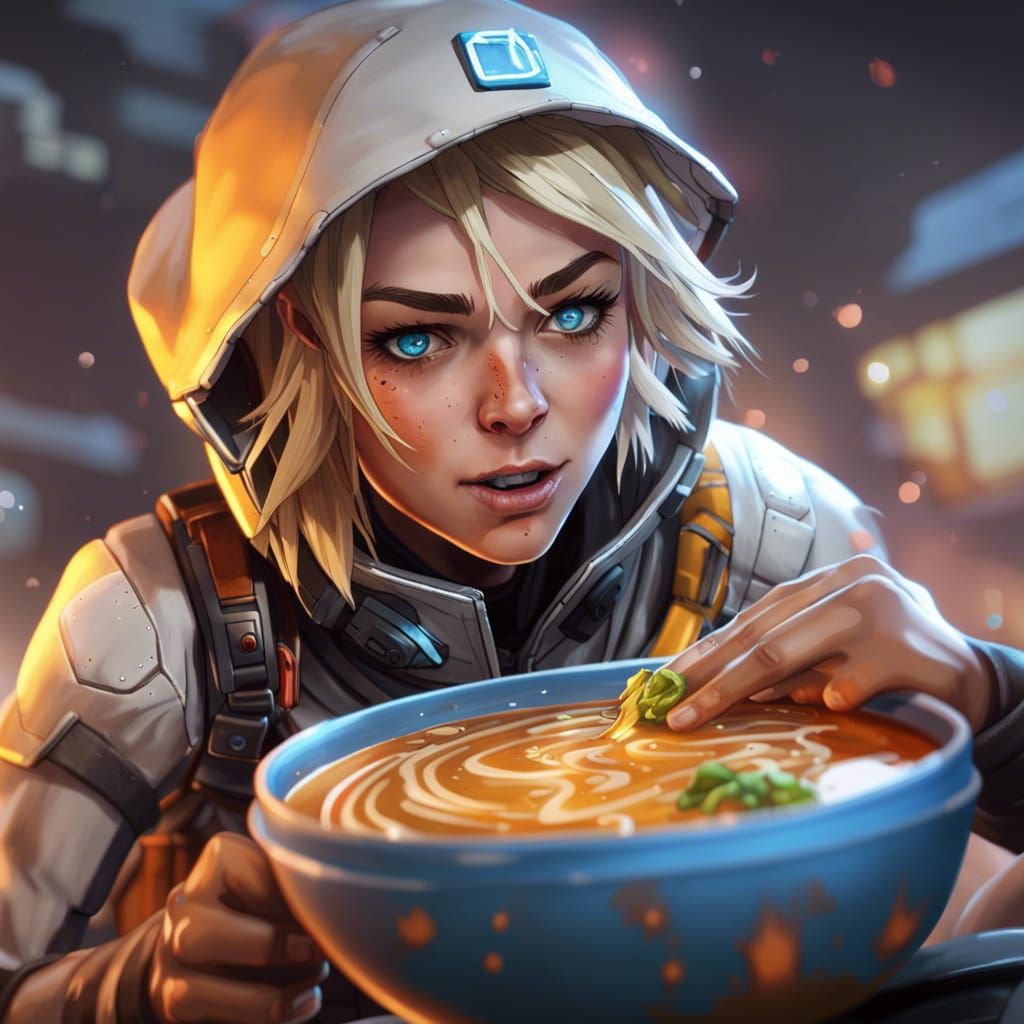 Wattson from Apex Legends Eating Soup