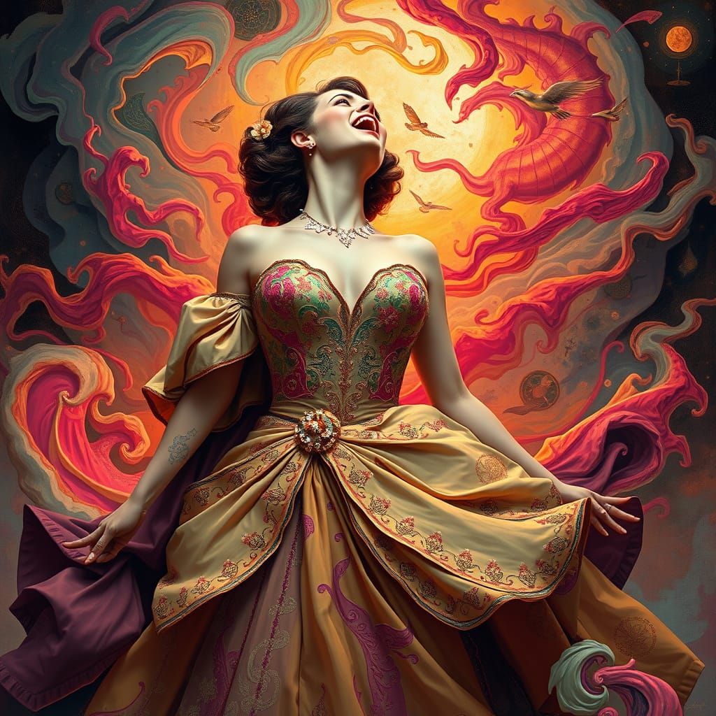 Vibrant Opera Diva in Dreamlike Landscape