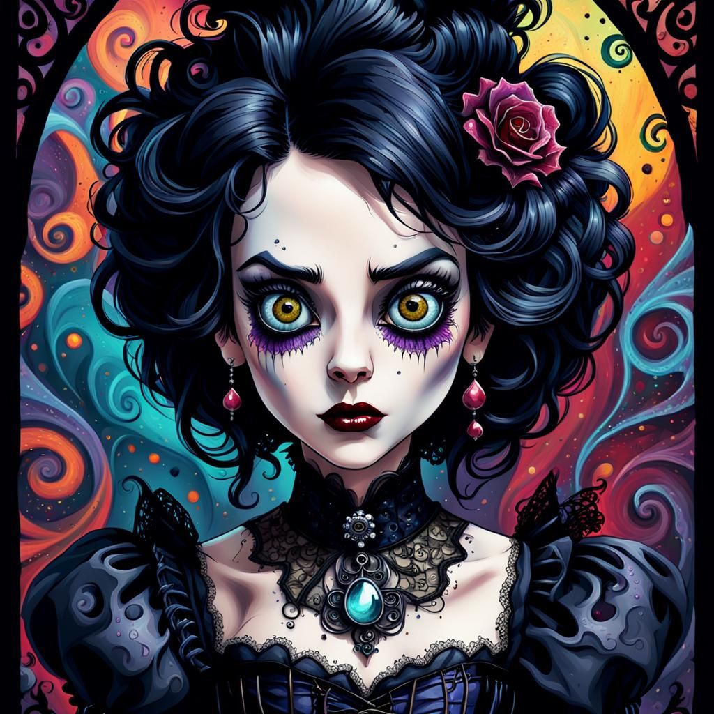 Gothic Cartoon Character in Victorian Dress, Digital Art