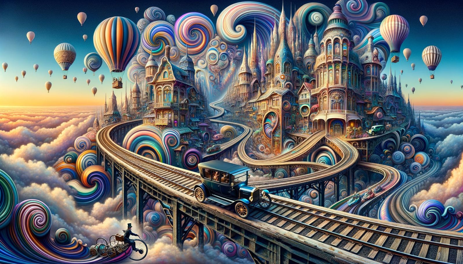 Dreamy Fantasy Cityscape with Steampunk Warriors