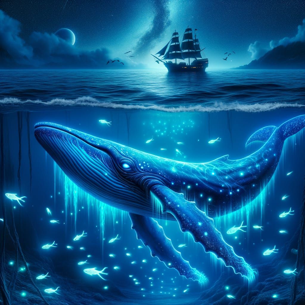 Bioluminescent Whale and Pirate Ship in Digital Painting