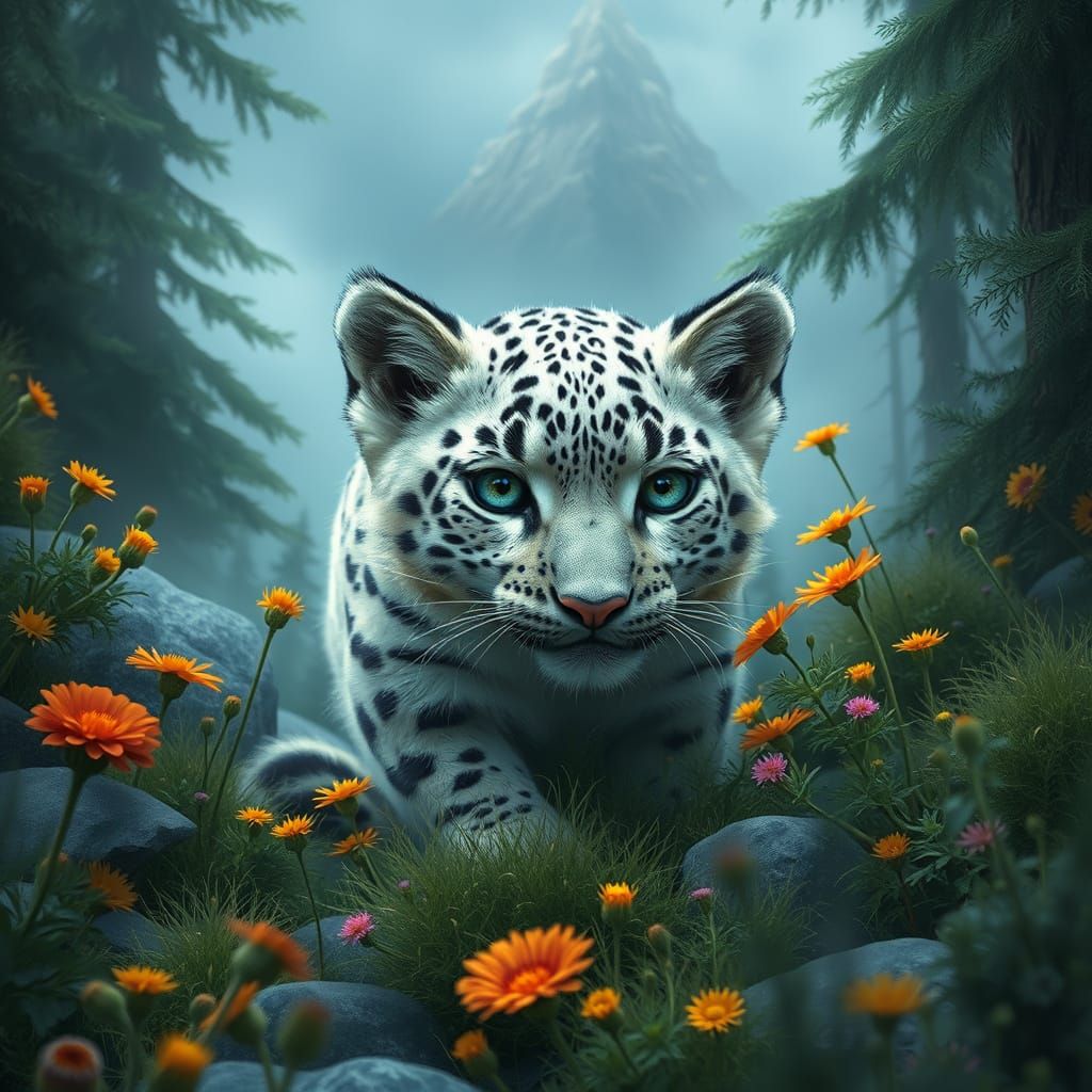 A stunning image of a snow leopard cub in its natural habitat, highlighting the beauty of wildlife the rich patterns of ...