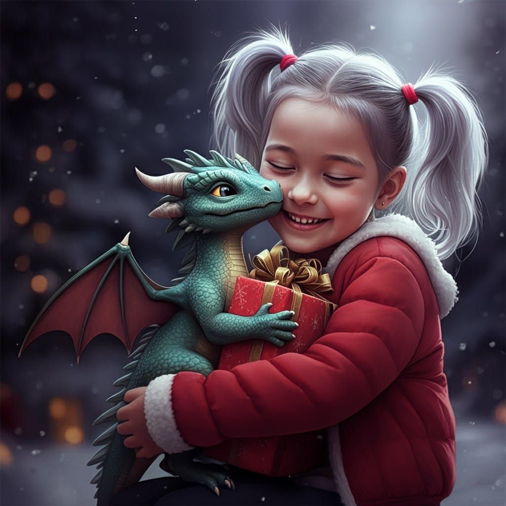 Girl Hugs Christmas Dragon: Fantasy Concept Art
