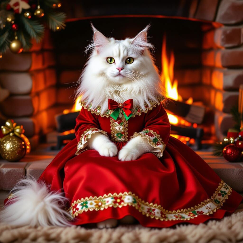 Cat in Christmas Dress by Fireplace: Children's Book Style