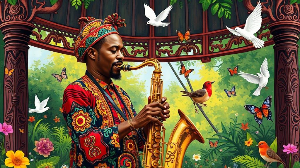 Jazz Musician in Gazebo, Expressive Brushstrokes Style