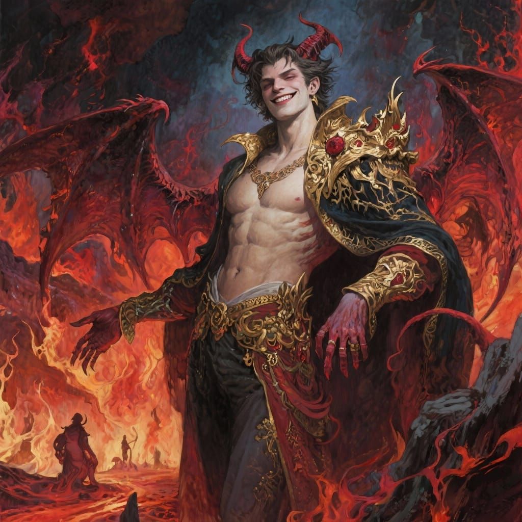 King of Hell Seductively Smiling in Hellish Landscape