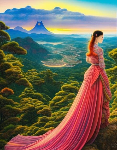 Woman Climbs Mountain at Sunset: Fashion Magazine Art