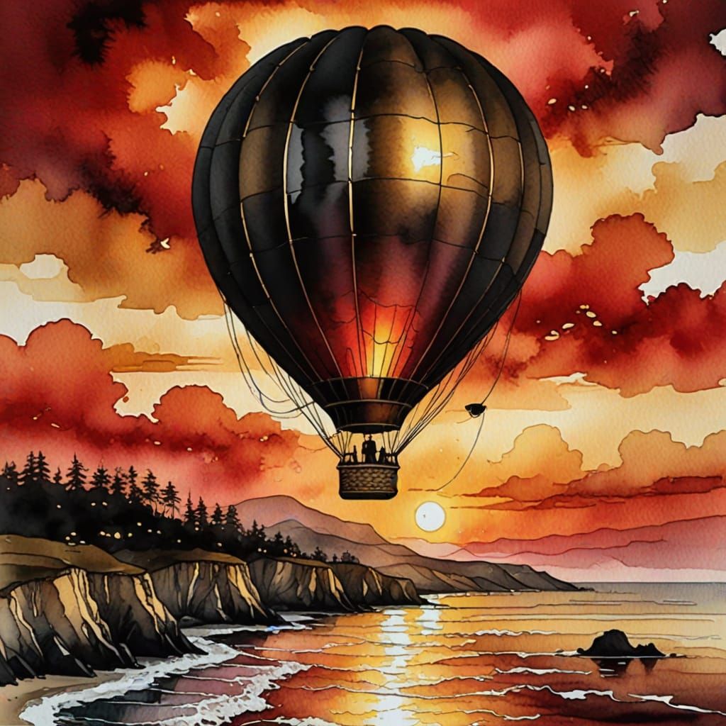 Hot Air Balloon Over Sunset Ocean Coastline in Antique Water...