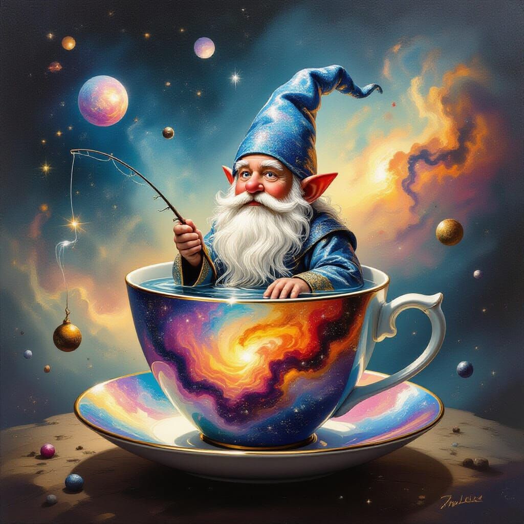 Gnome Fishing in Cosmic Teacup Surrealist Oil Painting