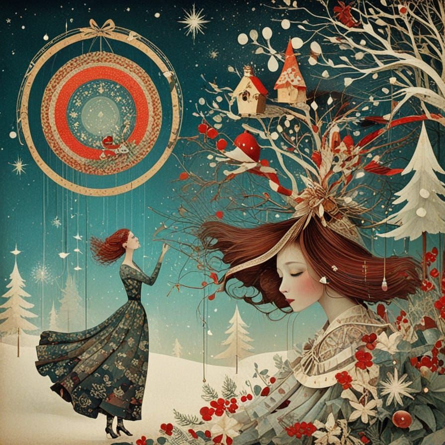 Enchanted Christmas Woman in Whimsical Textile Fragment Art