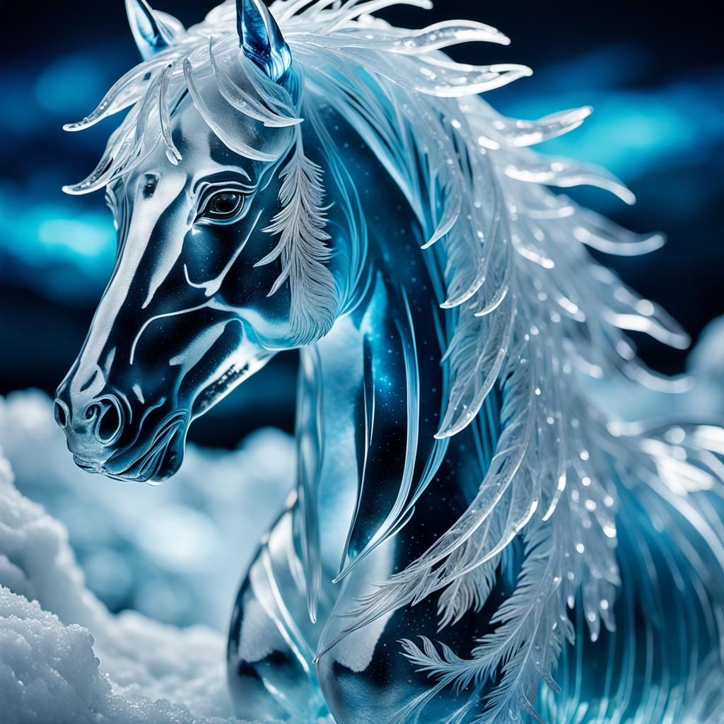 a perfect ice carving of a beautiful horse showing a perfect...