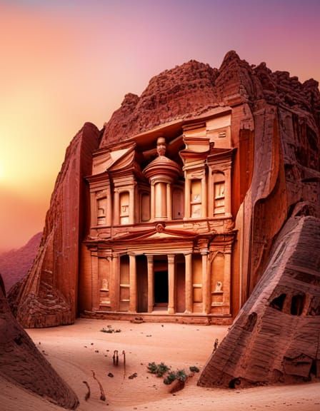 Beautiful sunset over Petra desert sandy colors stunning vibrant details of Petra facade in setting sun detailed matte p...