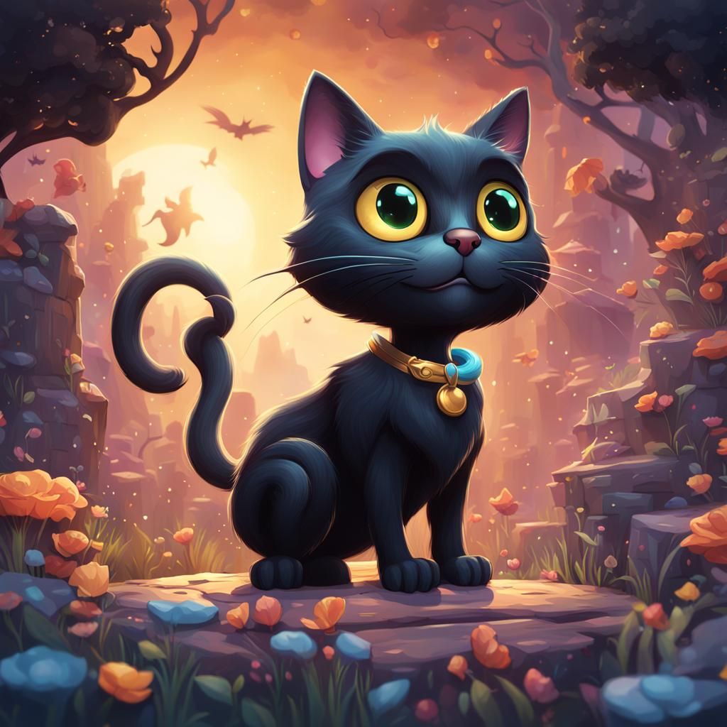 Pastel Black Cat Cartoon for Children's Illustration
