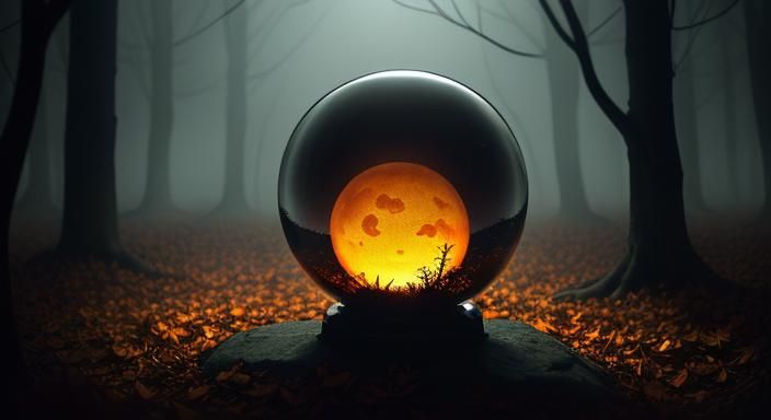 Eerie Halloween Ghoul in Glass Sphere with Autumn Leaves