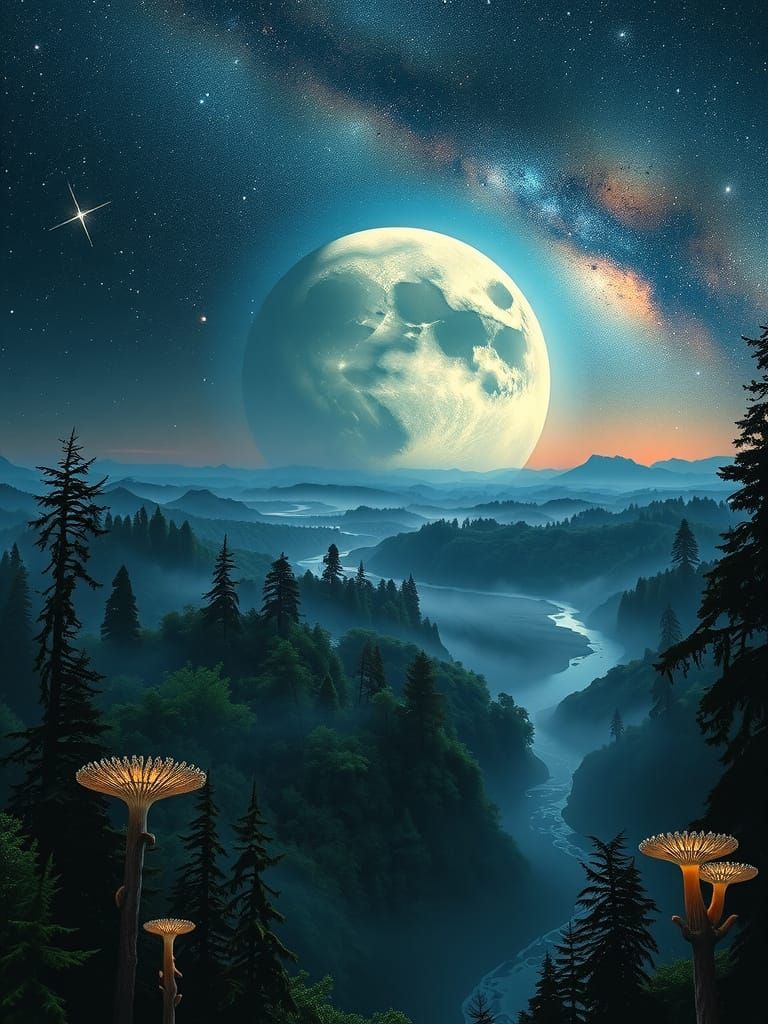 Forested Moon Rises Over Alien Landscape