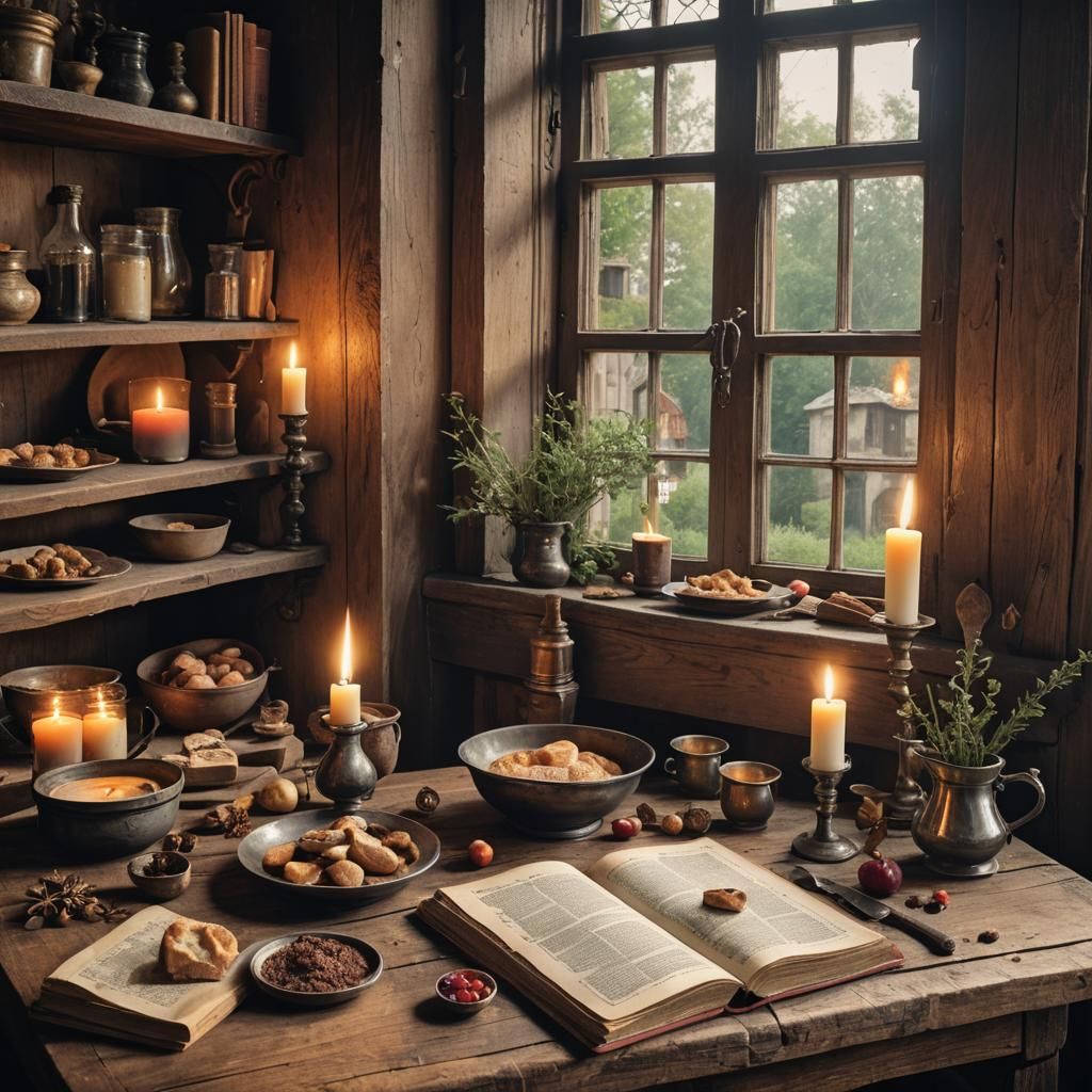 Victorian Kitchen Scene with Medieval Cookbook