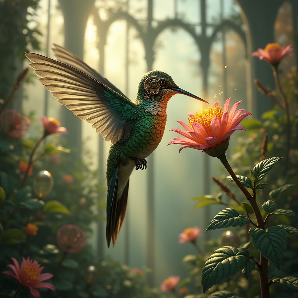 Steampunk Hummingbird in Victorian Greenhouse
