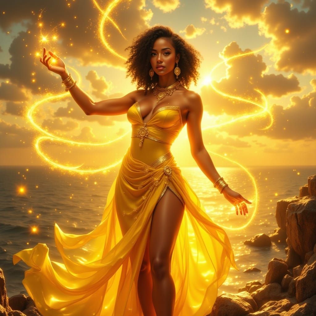 Enchantress Casting Spell on Cliff Overlooking Sea at Sunset