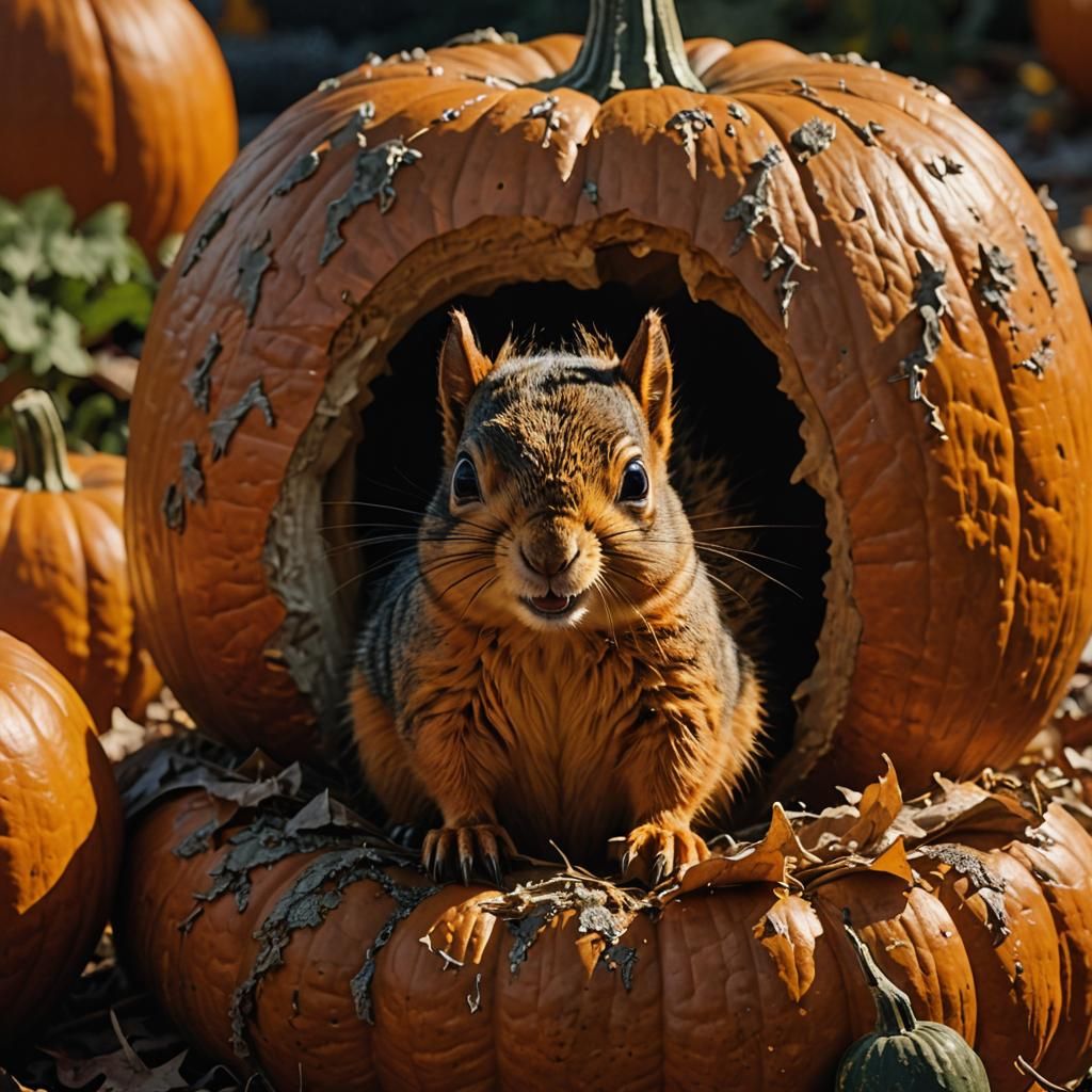 Squirrel Peeks from Giant Pumpkin in Cinematic Style