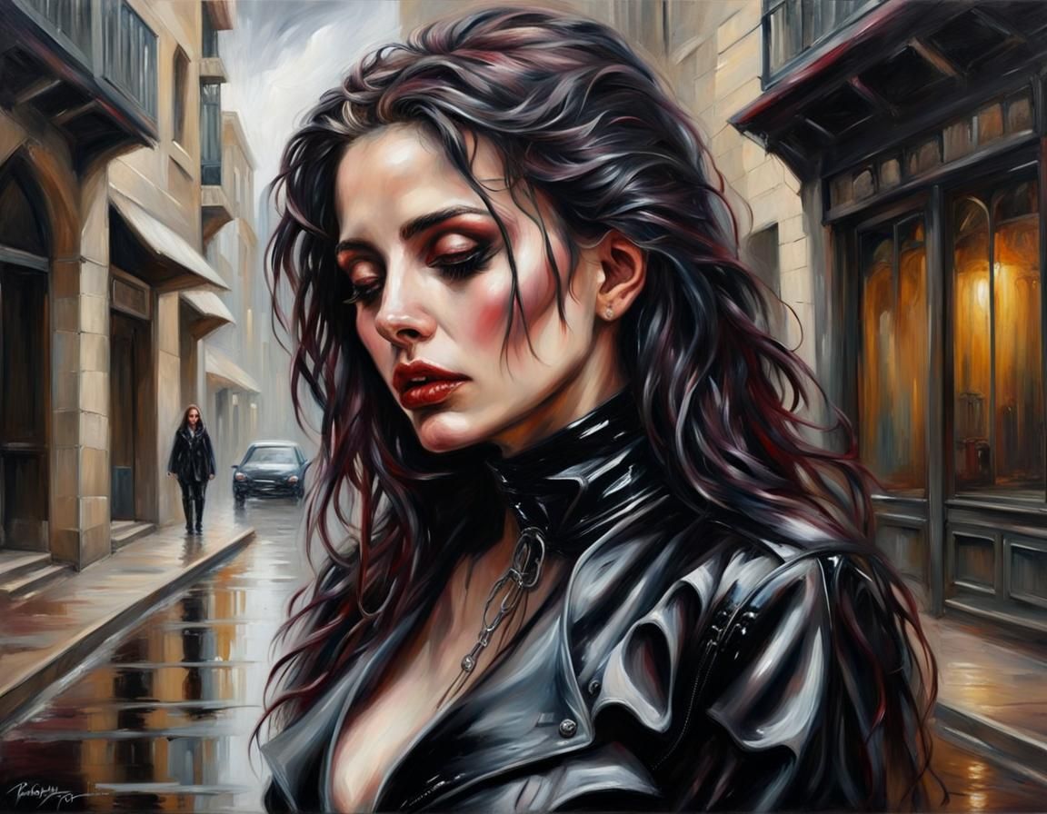 Gothic Woman in Latex Coat Oil Painting
