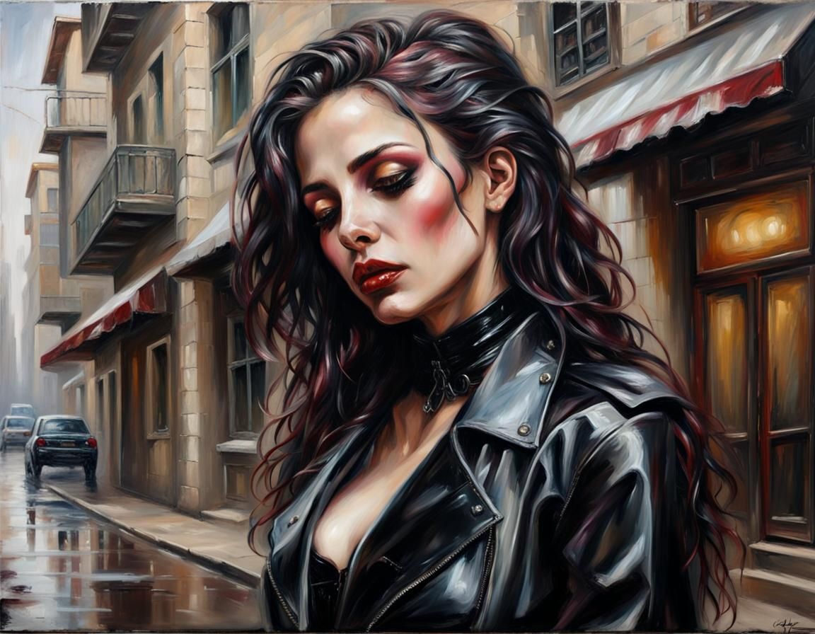 Gothic Oil Painting of Woman in Latex Coat