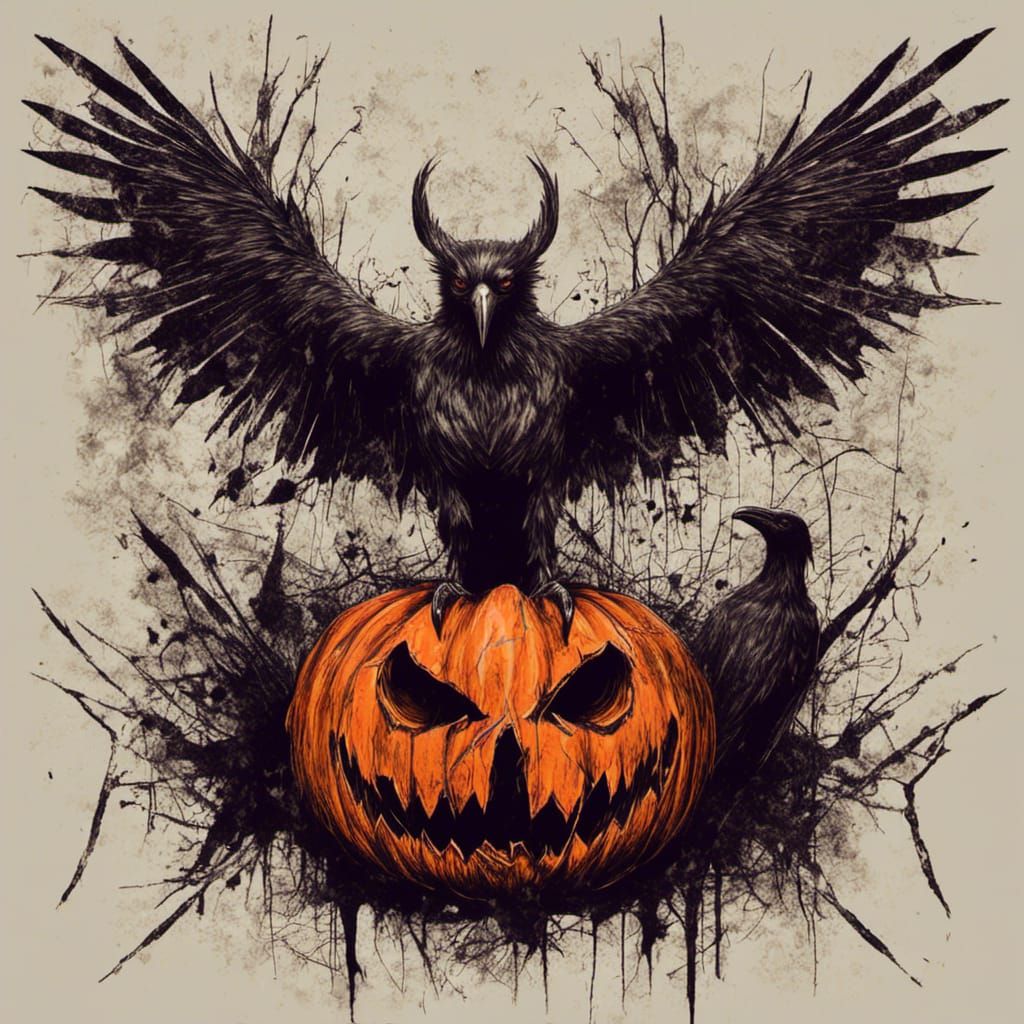 Gothic Halloween: Angry Pumpkin and Crow in Macabre Style