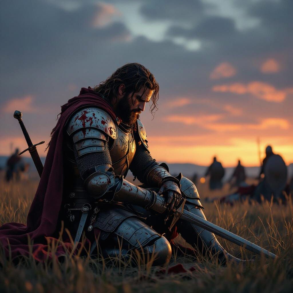 Knight Kneels in Sorrow on Blood-Stained Battlefield
