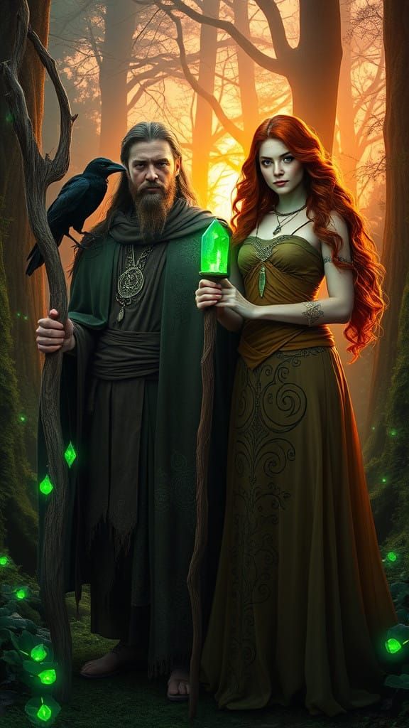 Ancient Druids in Enchanted Forest, Illuminated by Ethereal ...