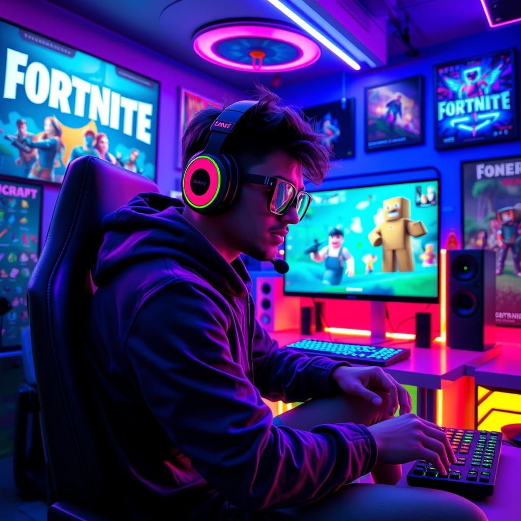 Gamer in Futuristic Game Room with Neon Lights and Retro Gam...
