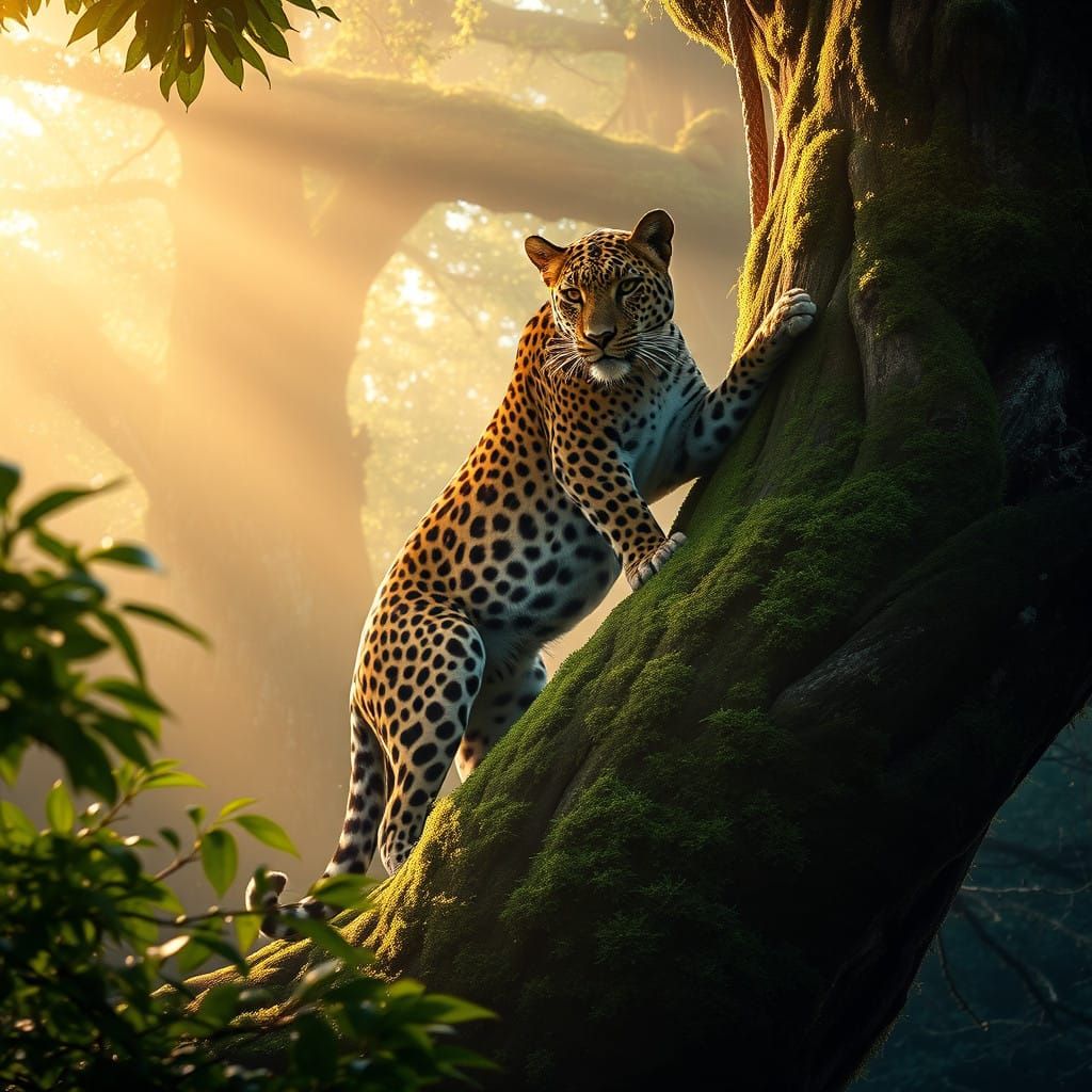 Majestic Leopard Ascends Ancient Rainforest Tree in Ethereal...