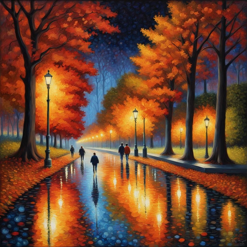impressionist oil painting Autumn Night in the park, Puddles in the pathway reflect the color of leaves and bright light...
