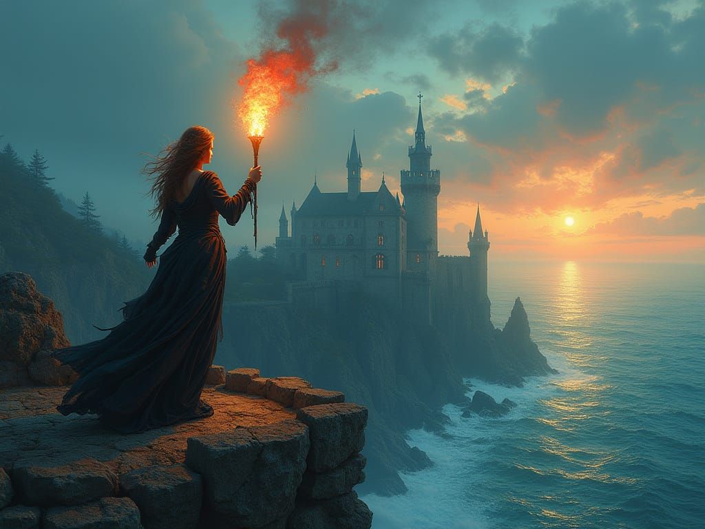 Woman with Torch Overlooking Sea, Dark Fantasy Comic Art
