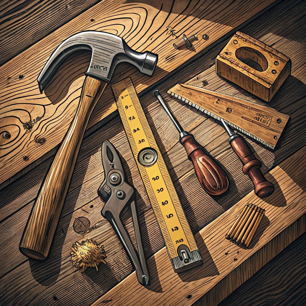 Traditional Woodcut Print of Classic Carpenter's Tools