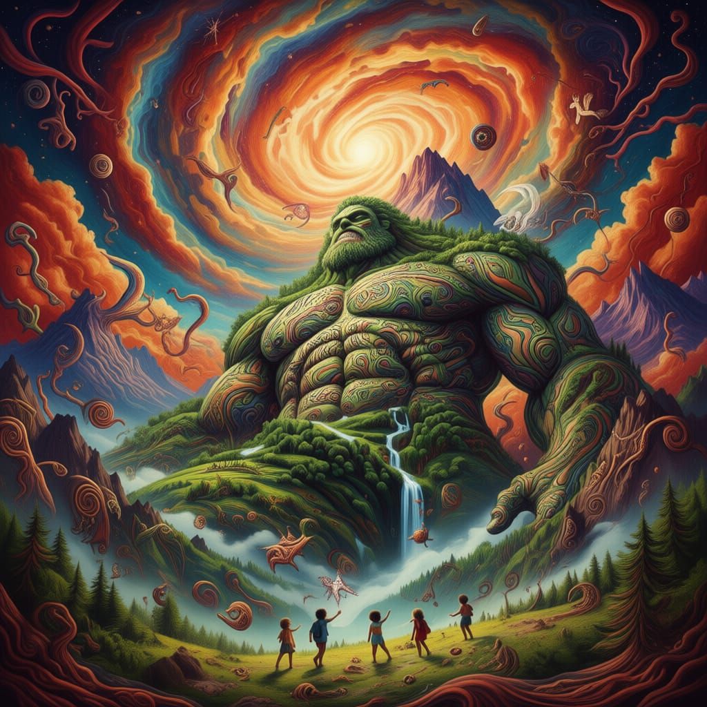 Giant Slumbering in Mountain Landscape with Cosmic Sky