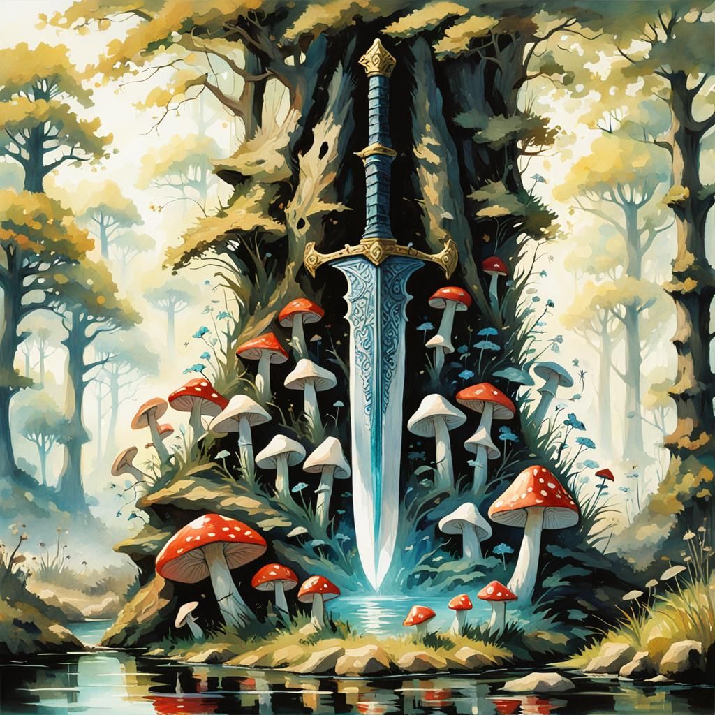 Enchanted Longsword in Forest Pond: Gothic Watercolor