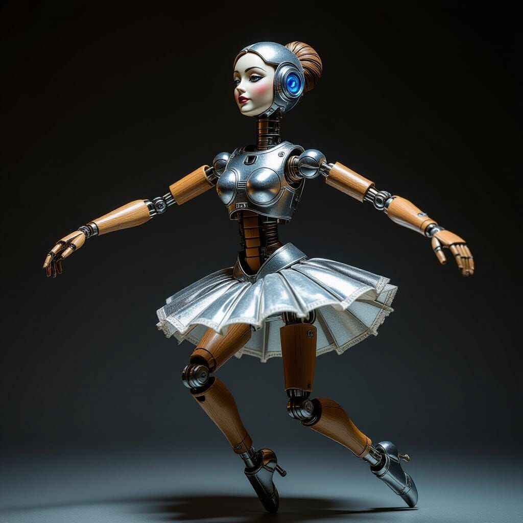 Wood Marionette as Silver Robot Dancer