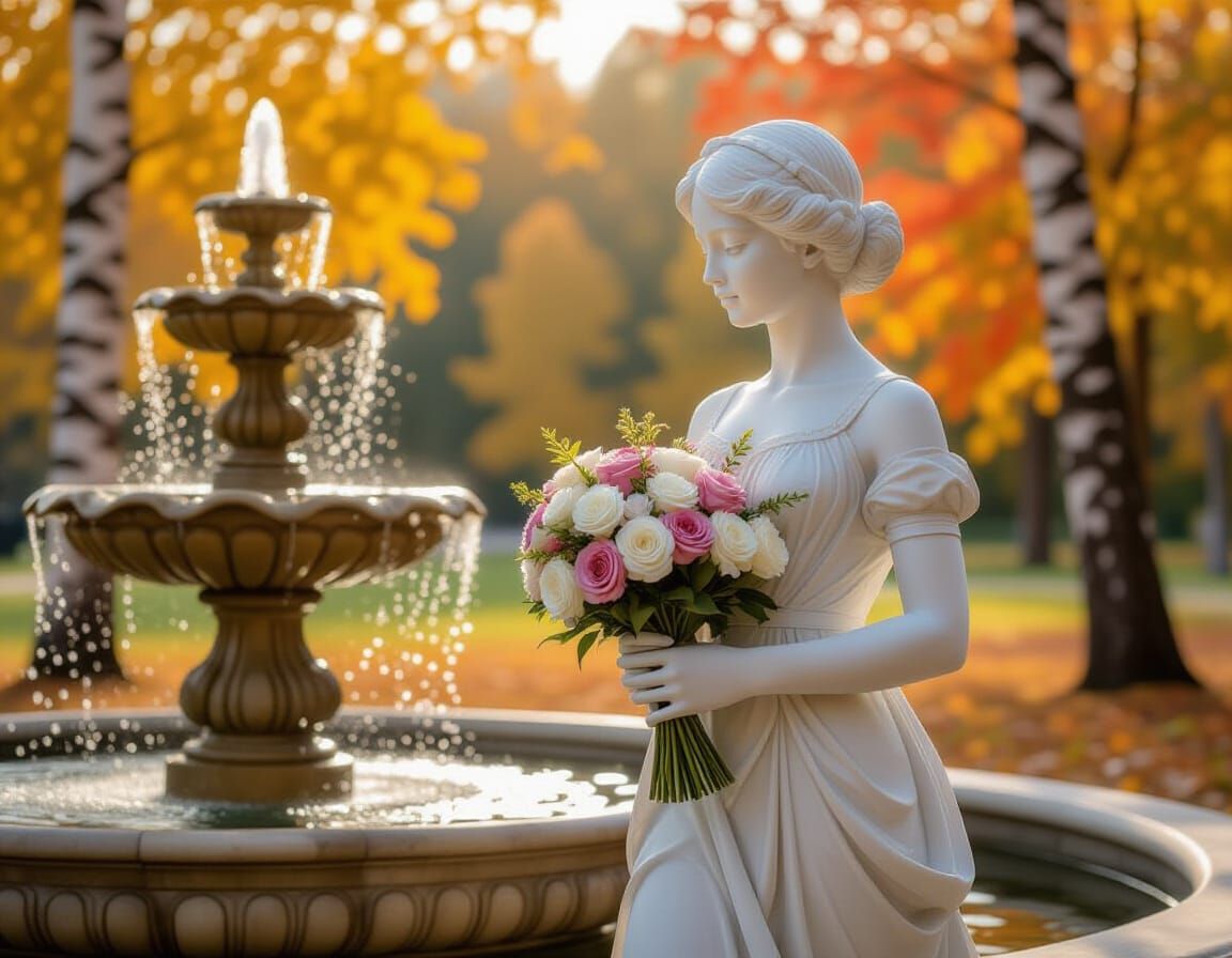 Marble Girl Sculpture With Flowers in Autumn Park