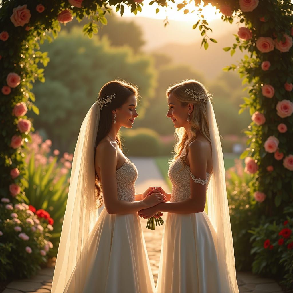 Romantic Outdoor Wedding of Two Brides in Elegant White Gown...