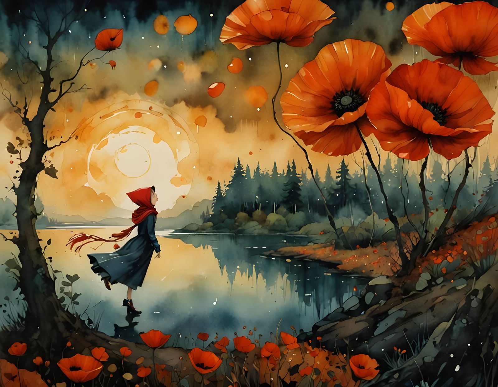 Little Red Riding Hood in Whimsical Watercolor Forest