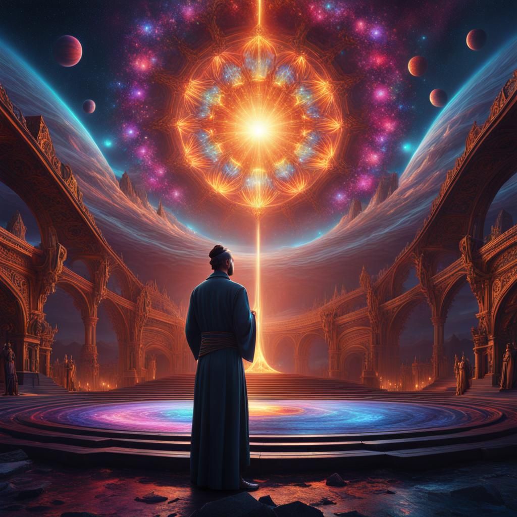 Psychedelic Art: Praying Figure in Center of Universe