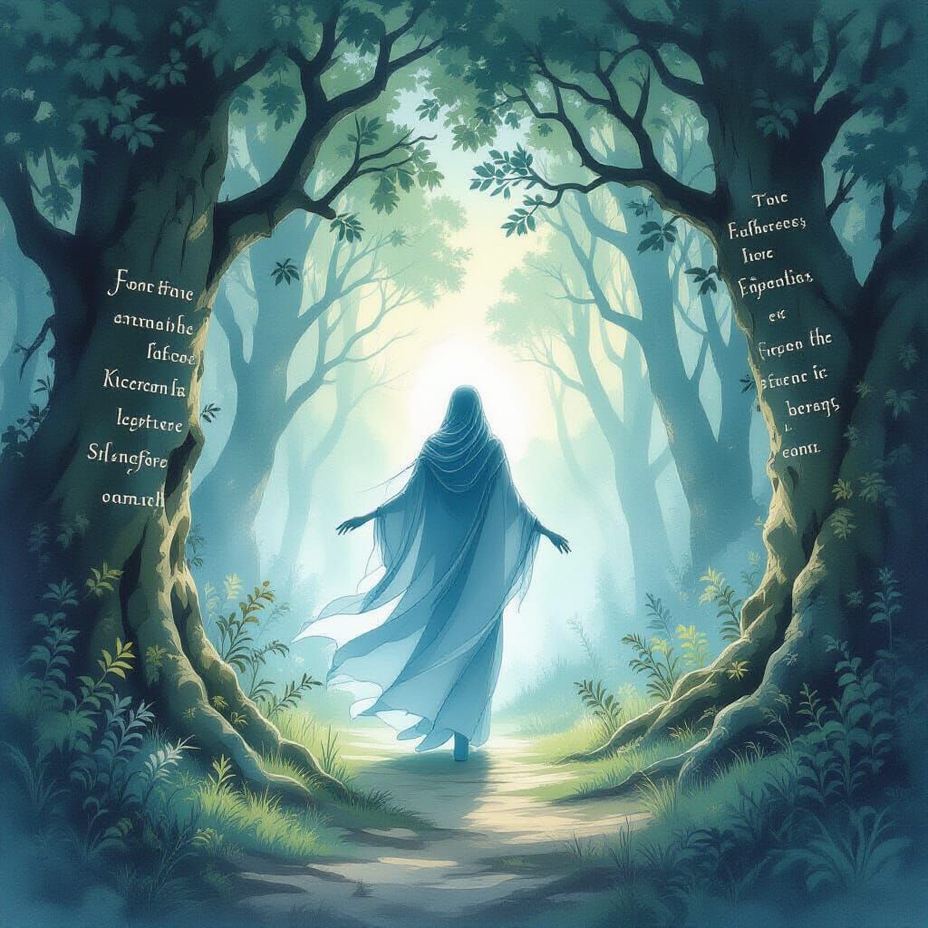 Moonlight Being in Ancient Forest Clearing Watercolor