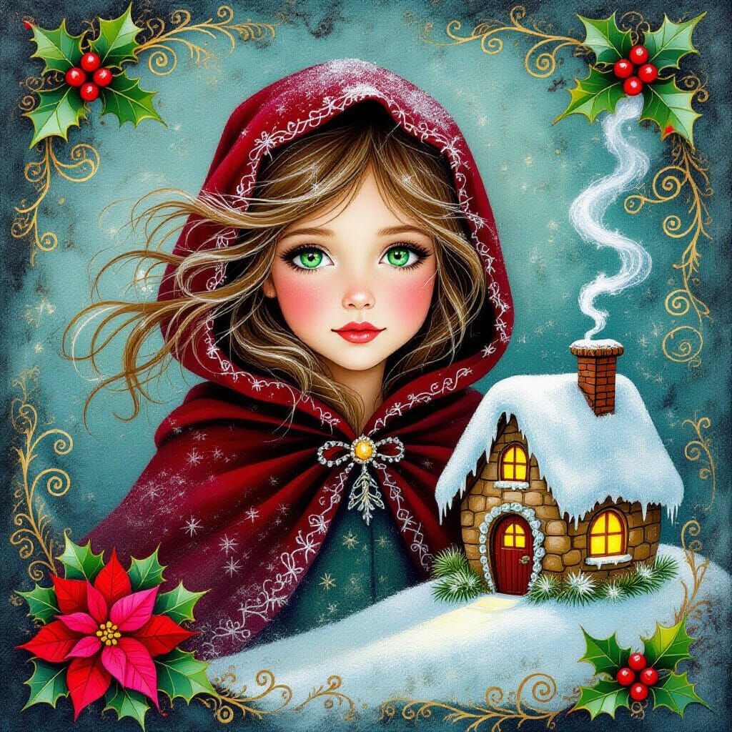 Encaustic Art Yuletide Scene With Magical Cottage