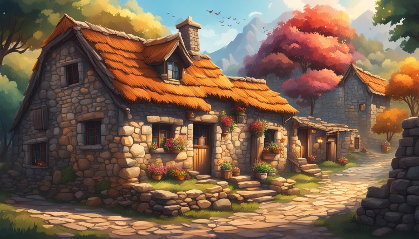 Rustic Stone House Village in Hyperrealistic Style