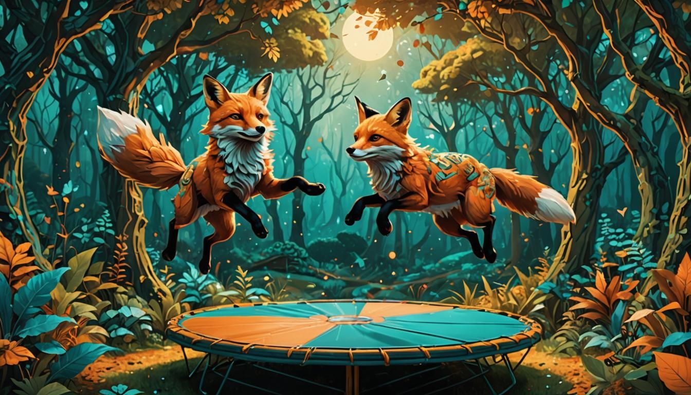 Fox on Trampoline in Lush Forest: Fantasy Concept Art