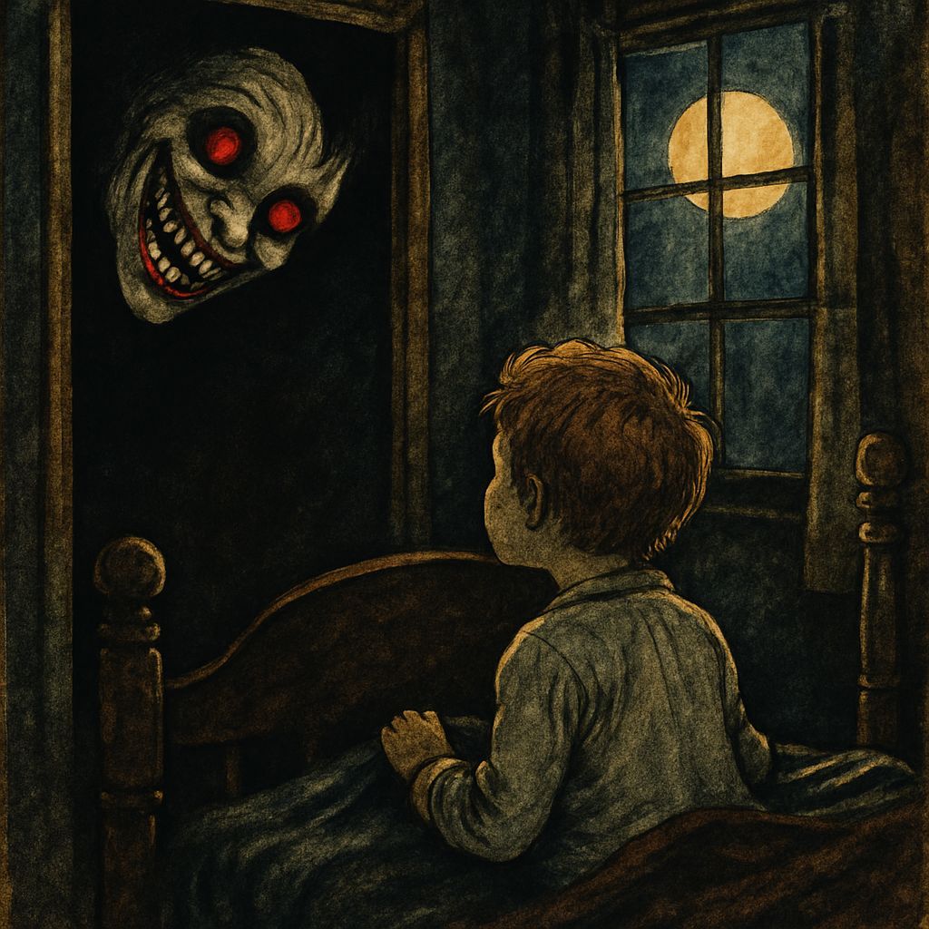 Eerie Pale Face with Glowing Red Eyes in Dark Bedroom