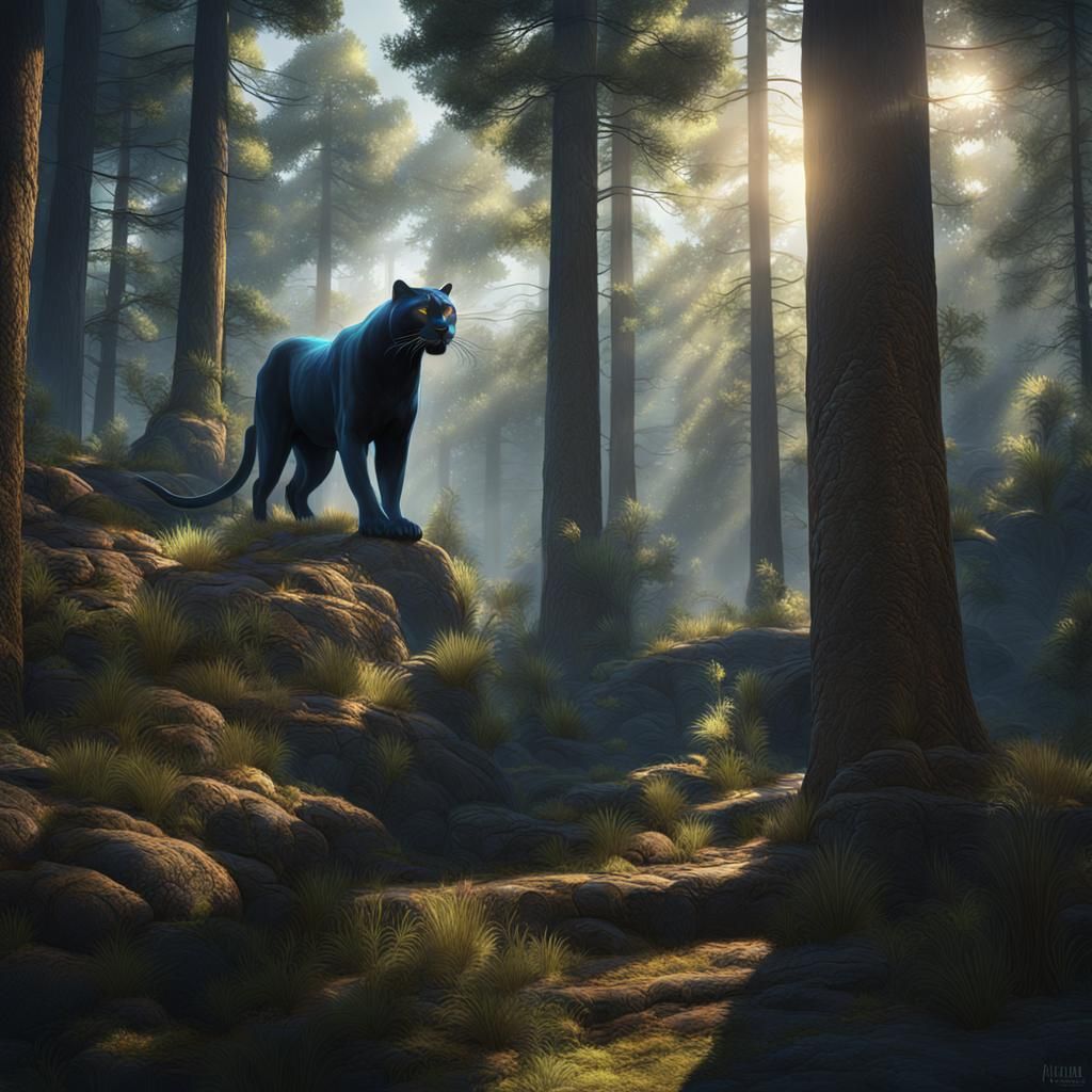 Panther in Sunlit Forest: Digital Art